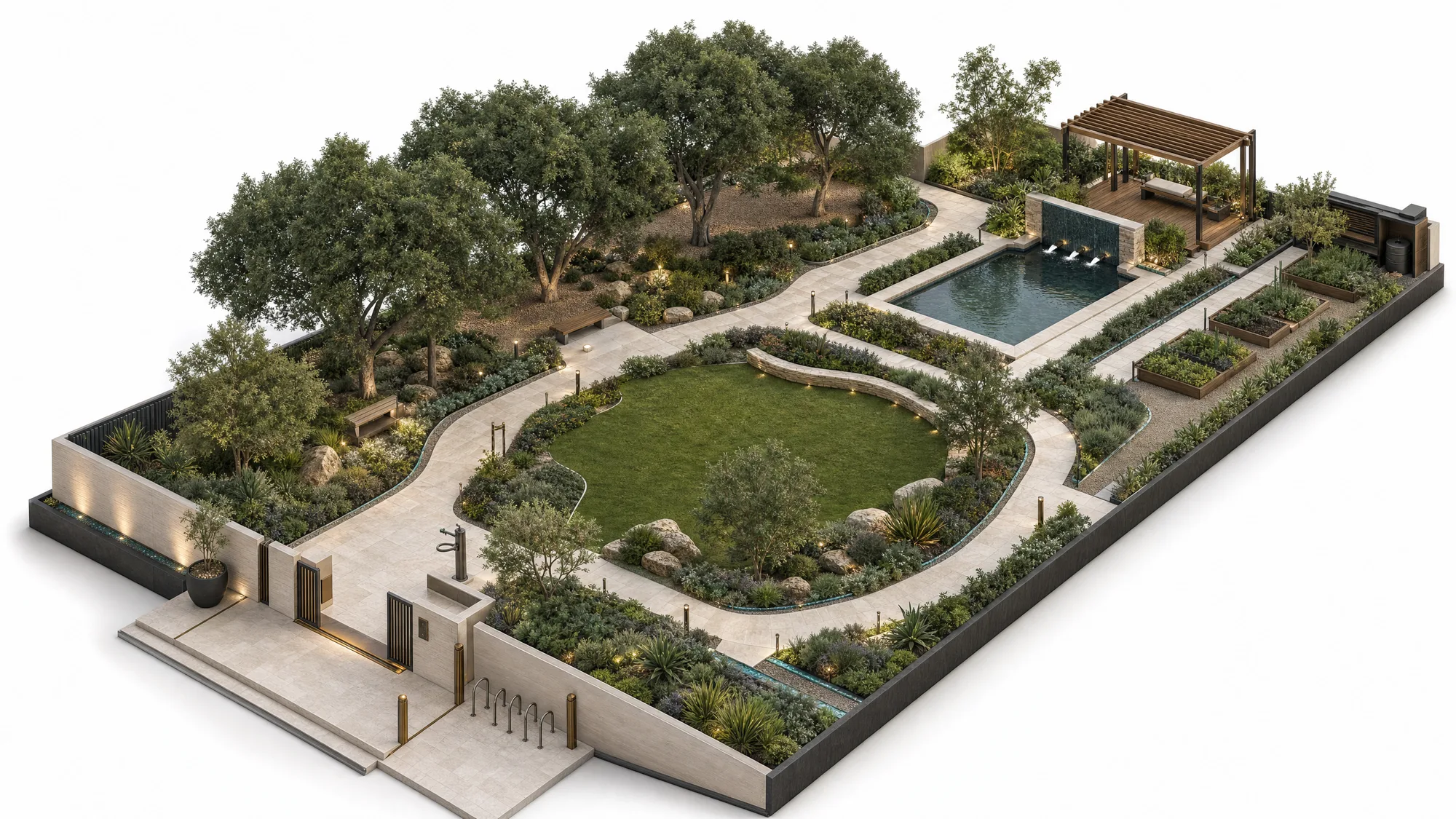 An integrated Keturah place — arrival, lawn, shade grove, water court, wellness terrace and gardens, composed as one living system.